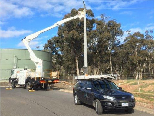 Electrical linesman performing maintenance in regional Victoria, Australia
